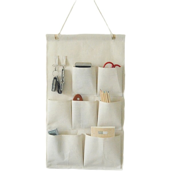 Opbevaringspose til hængende skabsdøre i linned/bomuld med kroge (syv lommer)