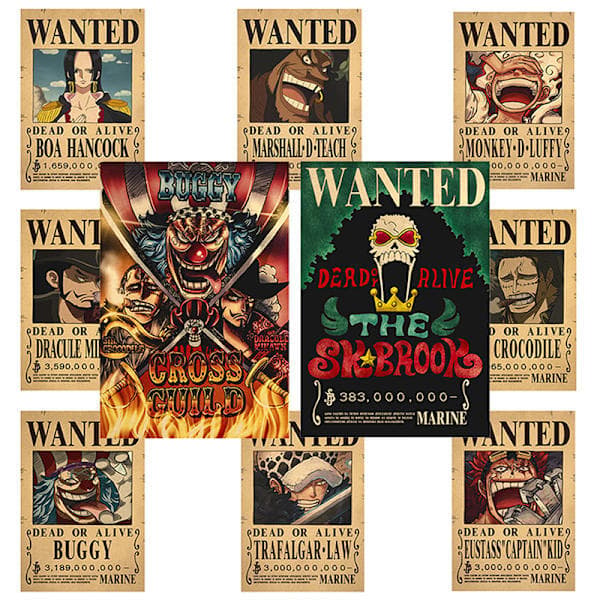 10 affischer One Piece Wanted Poster Luffy Pappersdekor 10 st/set