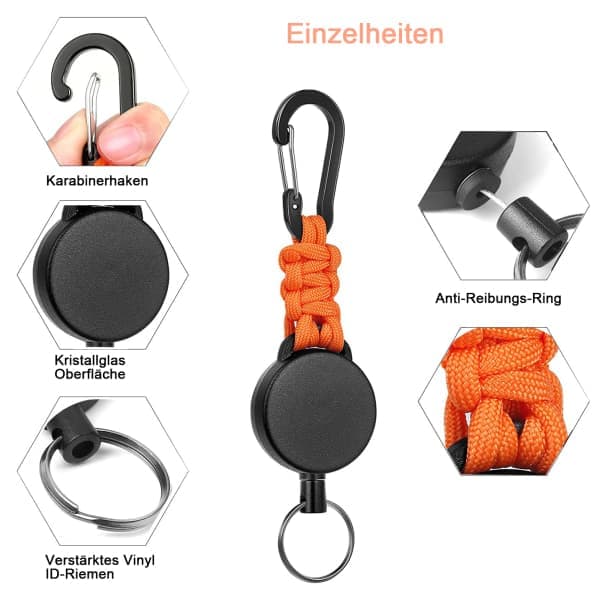 3-pack infällbara nyckelringar, infällbar nyckelring med karbinhake, infällbar sladd med 60 cm stålkabel och nyckelring, 170g-200g draghållfasthet