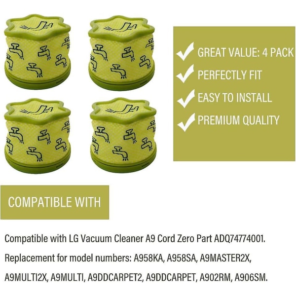 4 st Vakuumbyte förfilter kompatibelt med Lg Dammsugare A9 Cord Zero Adq74774001