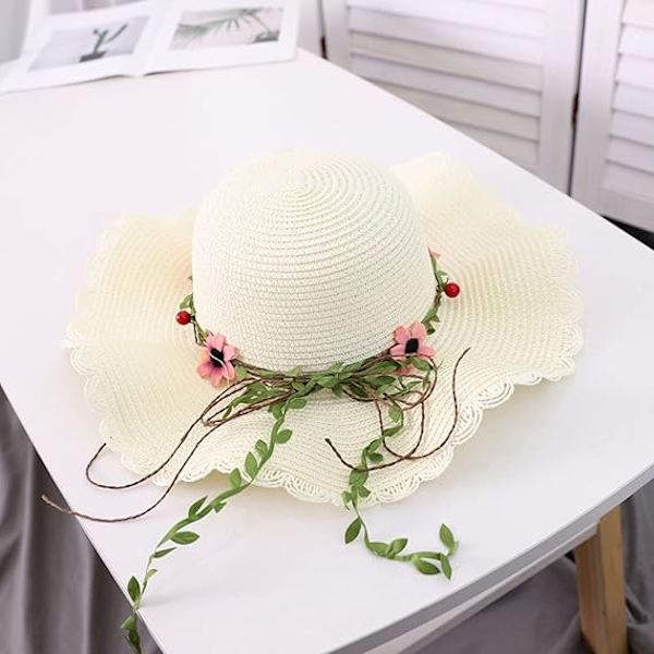 Dam Blommig Fällbar Floppy Bred Brätte Halm Solhatt Sommarhatt UPF 50+ Solskydd Hatt Strandmössa för Strandsemester White