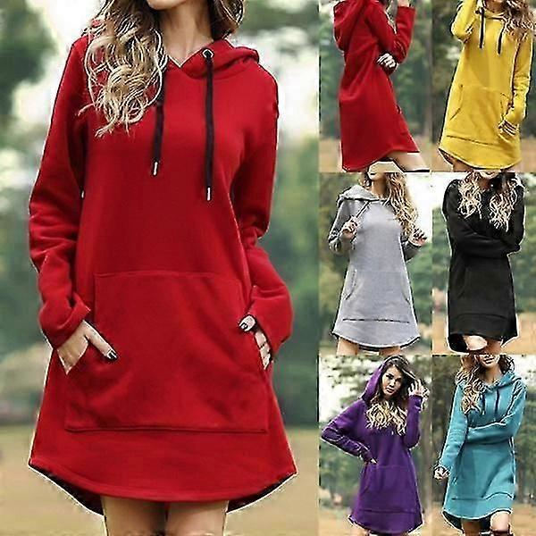 Lang hættetrøje kjole til kvinder Plus Size Langærmet Hættetrøje Sweatshirt Dame Casual Pullover red M