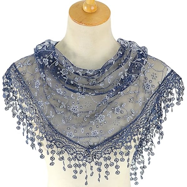 Halsdukar för kvinnor damer elegant spets tofs sjal sjalar hår wrap triangel sjal (marinblå)