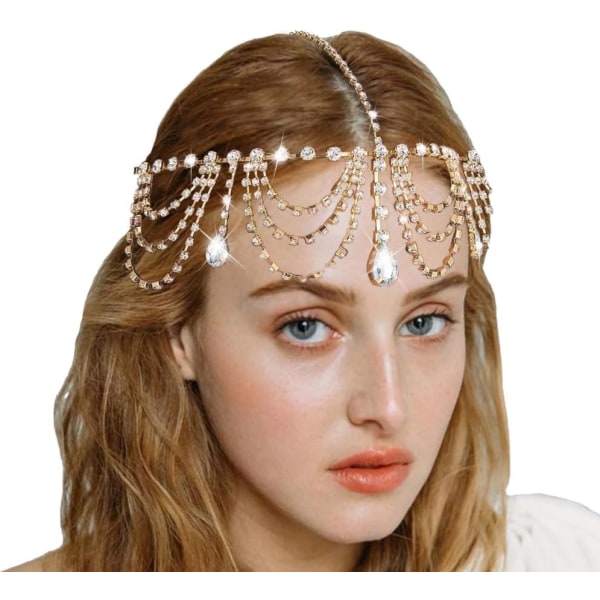 Hårkedja för kvinnor, Rhinestone Head Chain, Överdriven hel diamant tofs hårprydnad, droppformad pannhänge Smycken Bröllop-Guld