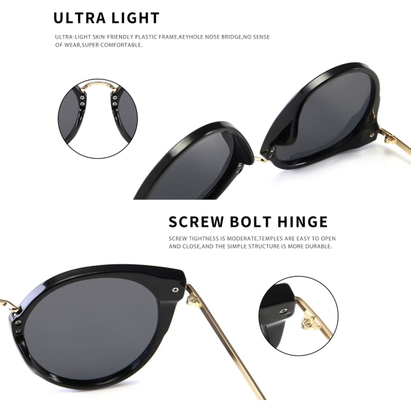 Dame Oversized Cat Eye Polariseret Solbriller Retro Anti-UV Solbriller -SGT969 Black Frame Glossy Finish/Grey Lens