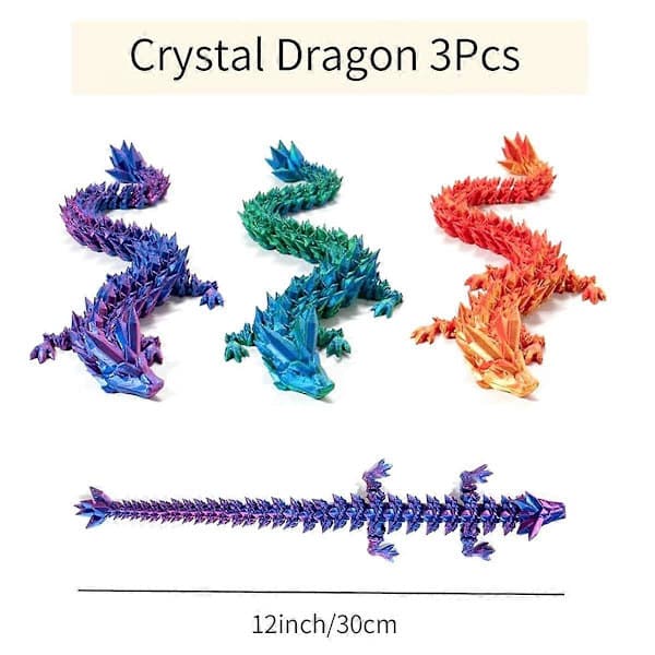 3D-printet Krystall Drage 30cm 3 stk, 3D-printet Fleksibel Leddet Drage, Dekorasjon