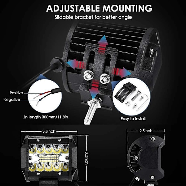 Ekstra frontlys, 2 x 70 W, LED arbeidslys, 12 V, 7200 lm, 6000 K, IP68, vanntett, kraftig lys, SUV, UTV, ATV, tåkelys, offroad-frontlys