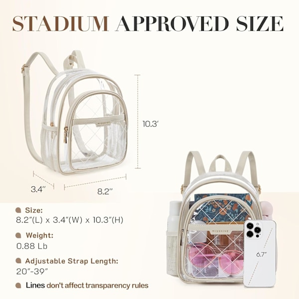 Transparent Ryggsäck Godkänd för Stadion, Quiltat Transparent Väska för Stadionhändelser med Läderkant för Sporthändelser, Konserter, Festivaler, Dagligt vit