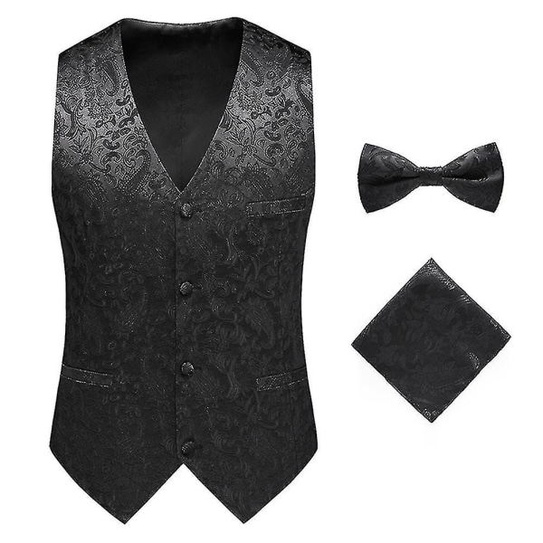 Herr Paisley Design Klänning Väst & fluga Set & Pocket Square For Suit Tuxedo Black 2XL