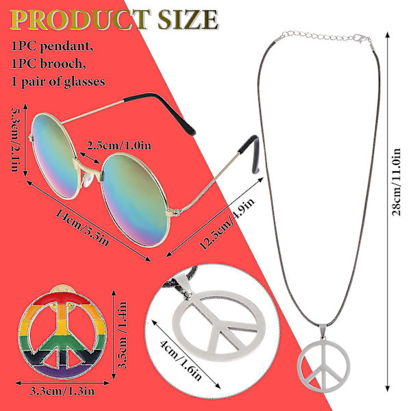 11 st Hippie-kostymaccessoarer Fredstecken Halsband Glasögon Pannband Peruk 60-tal 70-tal