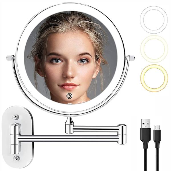 Uppladdningsbar LED-väggförstoringspegel, väggmonterad 8'' sminkpegel med 3 färgade ljus och 1X 10X förstoring, 360° roterbar spegel