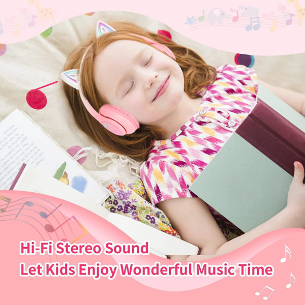 Cat Ear-hörlurar, Bluetooth hörlurar för barn med mikrofon, vikbara bekväma och justerbara trådlösa/wire over ear-headset (rosa)