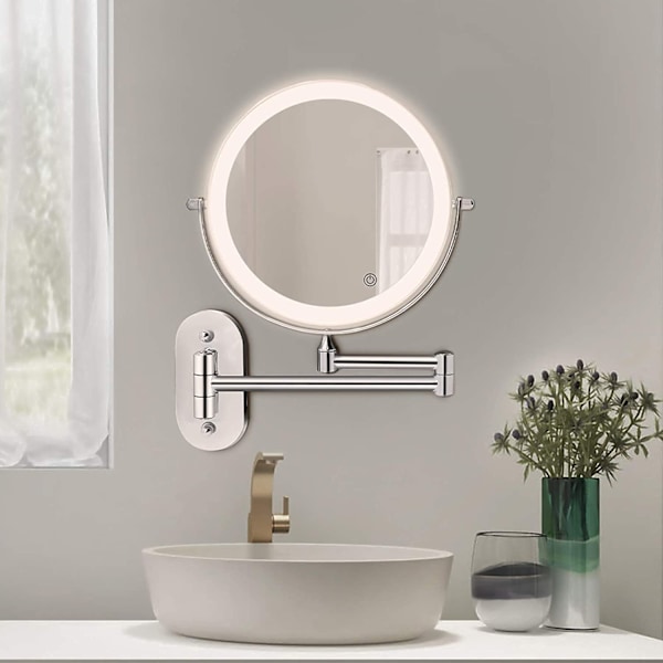 Uppladdningsbar LED-väggförstoringspegel, väggmonterad 8'' sminkpegel med 3 färgade ljus och 1X 10X förstoring, 360° roterbar spegel