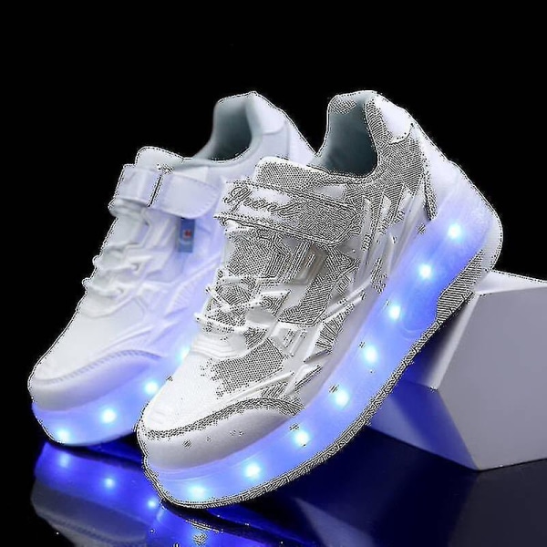 Childrens Sneakers Dubbelhjulsskor Led Light Skor Q7-yky White 36