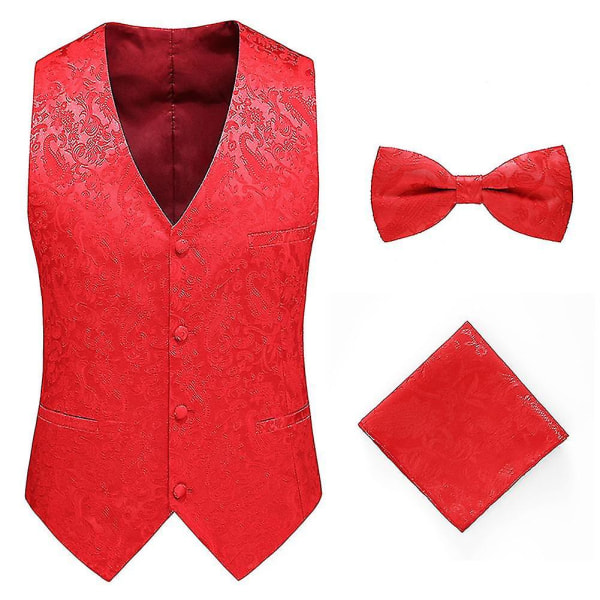 Herr Paisley Design Klänning Väst & fluga Set & Pocket Square For Suit Tuxedo Red 2XL