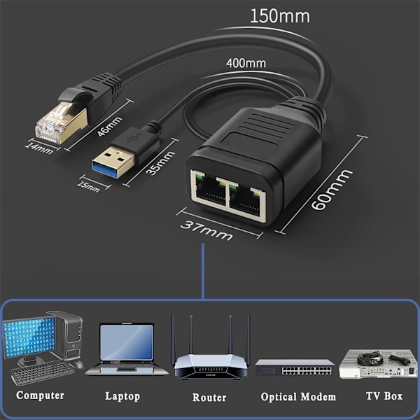 Ethernet-delare 1 till 2 Internetdelare, RJ45 Hona till Dubbel Hona Nätverksdelare, 100 Mbps Hög Hastighet Internet Nätverk LAN för Router, TV-box