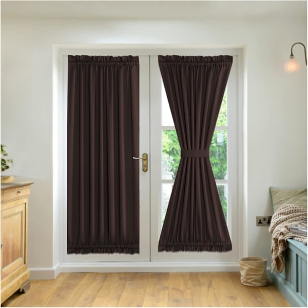 2-Panel Franska Dörrgardiner, Sekretessgardiner Sidoljuspanel, Mörkläggningsgardiner för Sovrum, med 2 Band, för Framdörr Ingångsdörr Hallfönster Brown Width132cm x Height183cm