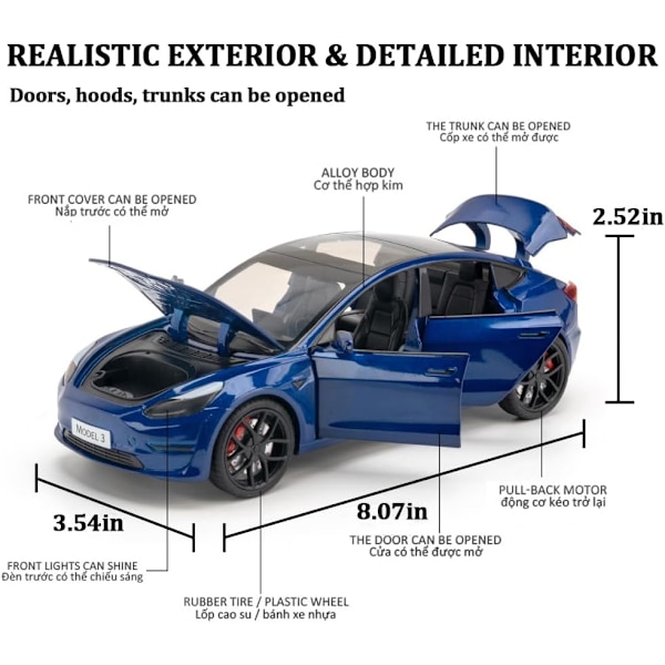 1/24 Skalig Diecast Bilmodell 3, Legering Diecast Leksaksbilar Drag tillbaka Leksaker med Ljud & Ljus, Fordon Leksaker för Barn Present Bilälskare Samling blå