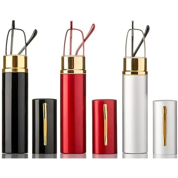 3-pack Slim Pen Läsbrillor Små Rör Snygga Läsbrillor för Kvinnor Män Fjädergångjärn med Bärbar Clip-fodral, Svart Silver Röd 300 Diopters