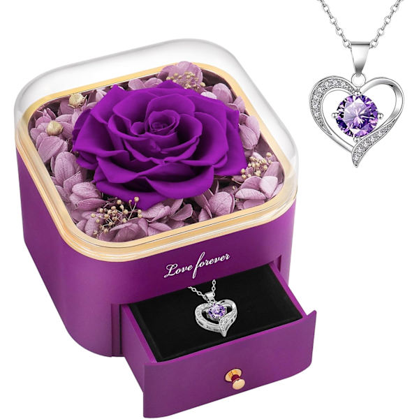 Presenter för Kvinnor Födelsedagspresenter Konserverad Äkta Lila Ros med Halsband Eviga Roser För Alltid Blommor Ros Presenter för Mamma Fru Syster Mormor lila
