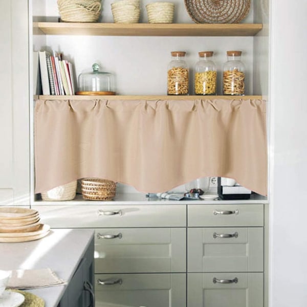 Massiv mörkläggningsgardinvalans för kök/sovrum med stångficka, vågig valans, korta gardinpaneler (132*46cm) Beige