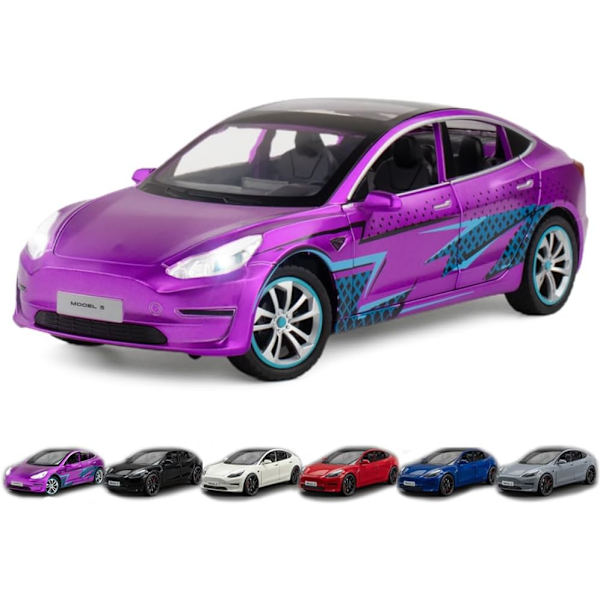 1/24 Skalig Diecast Bilmodell 3, Legering Diecast Leksaksbilar Drag tillbaka Leksaker med Ljud & Ljus, Fordon Leksaker för Barn Present Bilälskare Samling lila