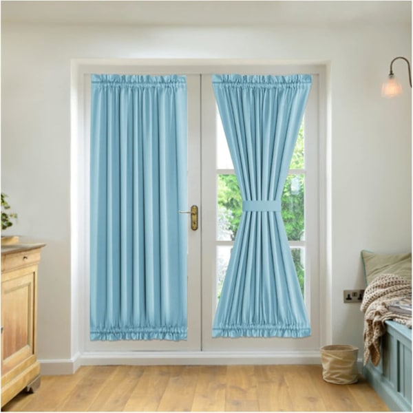 2-Panel Franska Dörrgardiner, Sekretessgardiner Sidoljuspanel, Mörkläggningsgardiner för Sovrum, med 2 Band, för Framdörr Ingångsdörr Hallfönster Light Blue Width132cm x Height183cm
