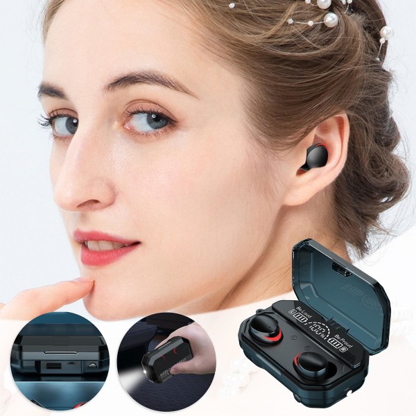 A17 Binaural Digital Display Stereo Svart Teknik Bluetooth Headset Power Bank ficklampa