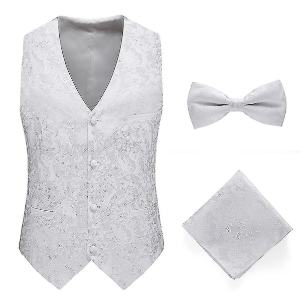 Herr Paisley Design Klänning Väst & fluga Set & Pocket Square For Suit Tuxedo White 2XL