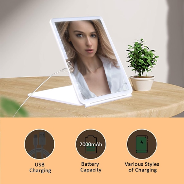 LED-belyst Reseförstorings Spegel, 3X 5X Förstorings Spegel Smink Spegel USB Laddning Vikbar Stående Spegel Touch Screen 3 Färger Ljusstyrka Justerbar vit