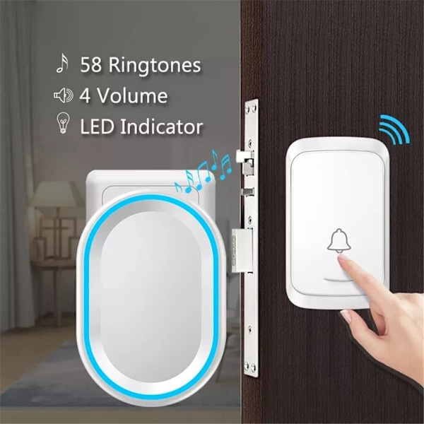 Trådlös dörrklocka, intelligent LED-dörrklocka för hemmet, 1 dörrklocka och 1 knapp inom 300 meters räckvidd white