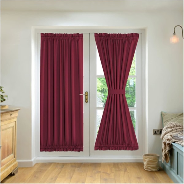 2-Panel Franska Dörrgardiner, Sekretessgardiner Sidoljuspanel, Mörkläggningsgardiner för Sovrum, med 2 Band, för Framdörr Ingångsdörr Hallfönster Red Width132cm x Height183cm