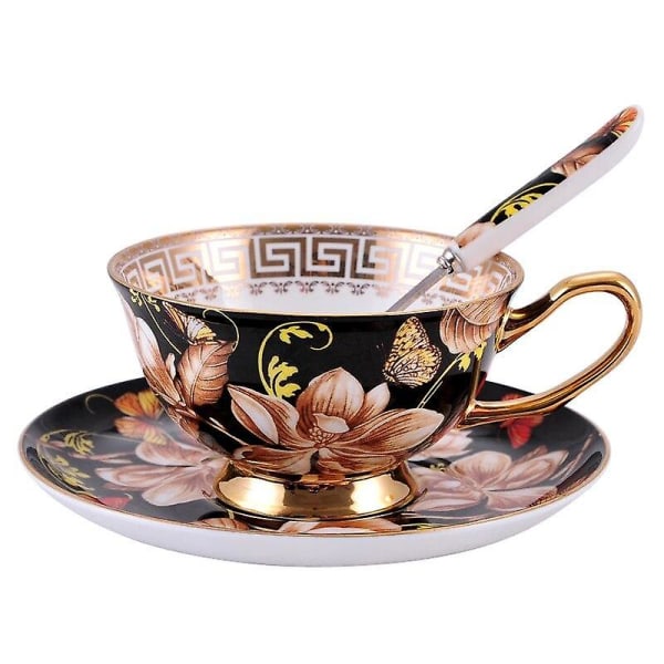 Svart Magnolia kaffekopp och fat European Bone China Coffee Cup Set Handmålad guld tekopp