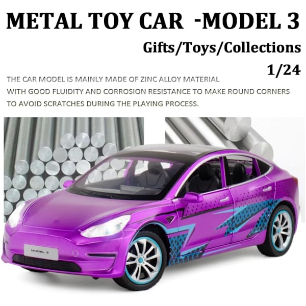 1/24 Skalig Diecast Bilmodell 3, Legering Diecast Leksaksbilar Drag tillbaka Leksaker med Ljud & Ljus, Fordon Leksaker för Barn Present Bilälskare Samling lila