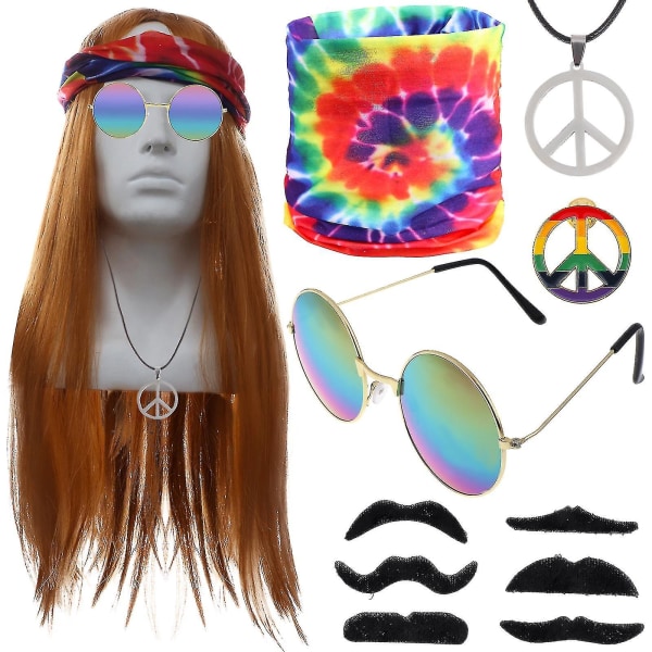 11 st Hippie-kostymaccessoarer Fredstecken Halsband Glasögon Pannband Peruk 60-tal 70-tal