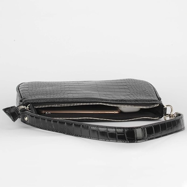 Väska med krokodil-effekt, retro, konstläder, klassisk clutch, axelväska, handväska för kvinnor svart