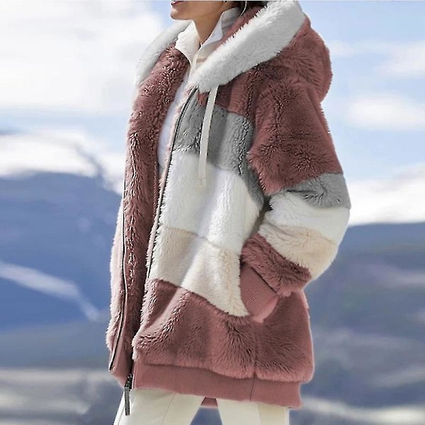 Vinter Kontrasterande Plysch Vadderad Rock Lös Passform Dragkedja Stängning Huva Rock Olika Färg Ytterkläder Black XL