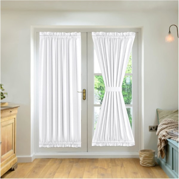 2-Panel Franska Dörrgardiner, Sekretessgardiner Sidoljuspanel, Mörkläggningsgardiner för Sovrum, med 2 Band, för Framdörr Ingångsdörr Hallfönster White Width132cm x Height183cm