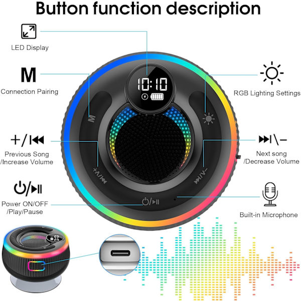 Portabel Bluetooth-högtalare, Duschhögtalare, Vattentät IPX7, Bluetooth Musikbox med Ljus, LED-Display, Handsfree-funktion