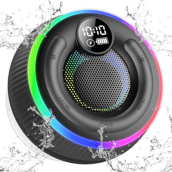 Portabel Bluetooth-högtalare, Duschhögtalare, Vattentät IPX7, Bluetooth Musikbox med Ljus, LED-Display, Handsfree-funktion