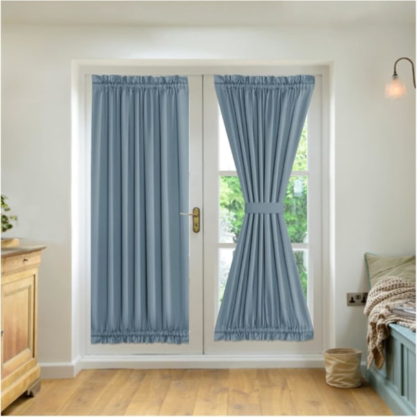 2-Panel Franska Dörrgardiner, Sekretessgardiner Sidoljuspanel, Mörkläggningsgardiner för Sovrum, med 2 Band, för Framdörr Ingångsdörr Hallfönster Blue Width132cm x Height183cm