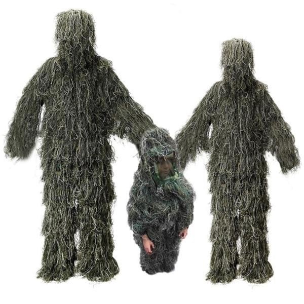 5 i 1 Ghillie-kostym, 3d kamouflagejaktkläder inklusive jacka, byxor, luva, bärväska Green S