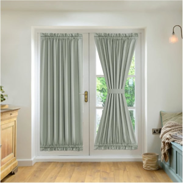 2-Panel Franska Dörrgardiner, Sekretessgardiner Sidoljuspanel, Mörkläggningsgardiner för Sovrum, med 2 Band, för Framdörr Ingångsdörr Hallfönster Green Width132cm x Height183cm