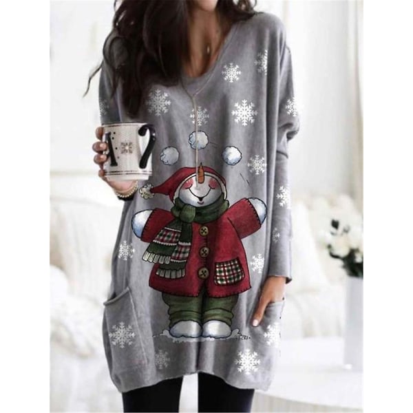 Kvinnor Jultröja O-ringad Pullover Toppar Nyhet Rolig Grafisk Långärmad T-tröja Xmas Gray 2 M