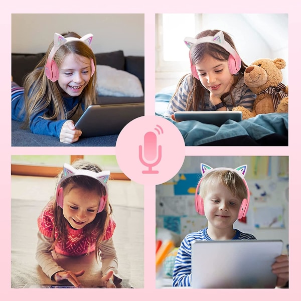 Cat Ear-hörlurar, Bluetooth hörlurar för barn med mikrofon, vikbara bekväma och justerbara trådlösa/wire over ear-headset (rosa)