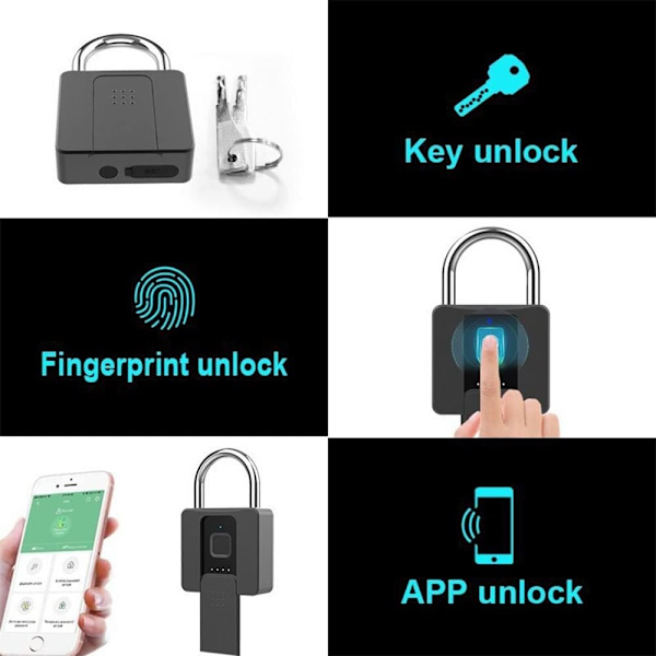 Fingeravtrycksintelligent Hänglås Smart Fingeravtryckshänglås, USB Laddningsbart, Fjärråtkomst, Smart Nyckelfritt Säkerhetslås för iOS/Android, IP65