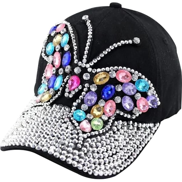 Baseballkeps för kvinnor med fjäril, snapback, strass, solhatt, justerbar denimhatt, glittrande bling, bomullshatt för flickor, svart