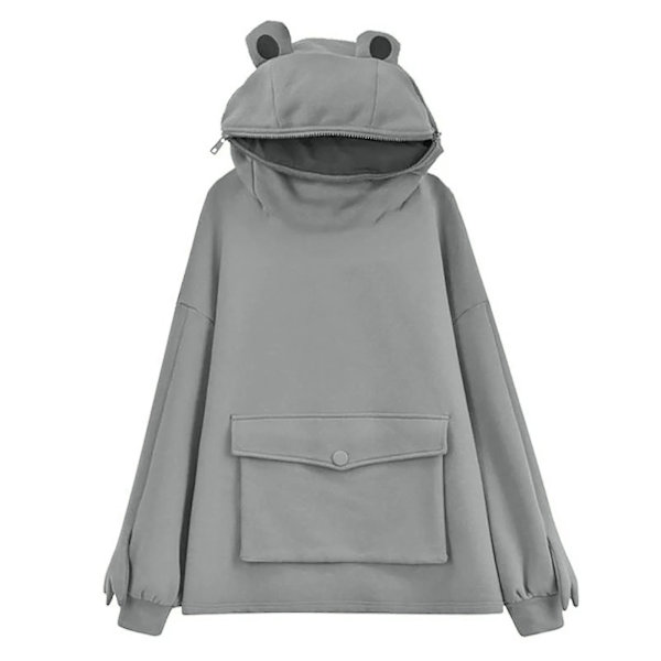 Fleece Hoodies Groda Hoodie Vinter Varma Tjocka Lösa Oversized Sweatshirt Ytterkläder Gray S