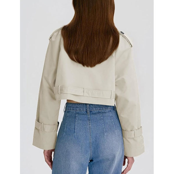 Kvinnors Kort Jacka Långärmad Bältad Trenchcoat Enfärgad Beige M