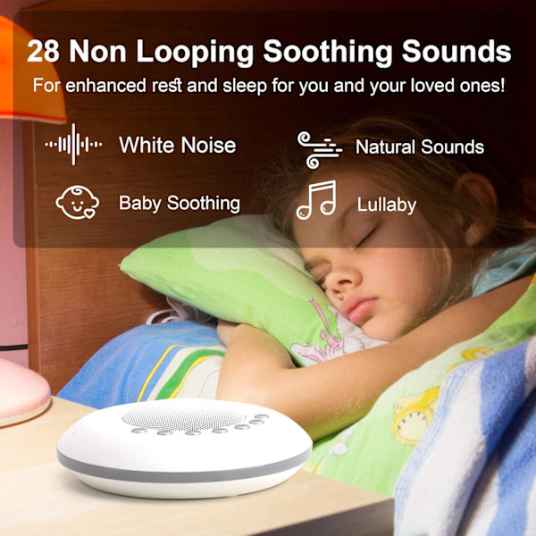 Vitbruskmaskin för Baby, Ljudmaskin för Sömn Barn 28 Icke-loopande Lugnande Ljud, Automatisk Avstängningstimer, Ljudterapi för Hem Kontor Sekretess